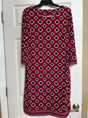 Talbots Red Geometric Long Sleeve Shift Dress
